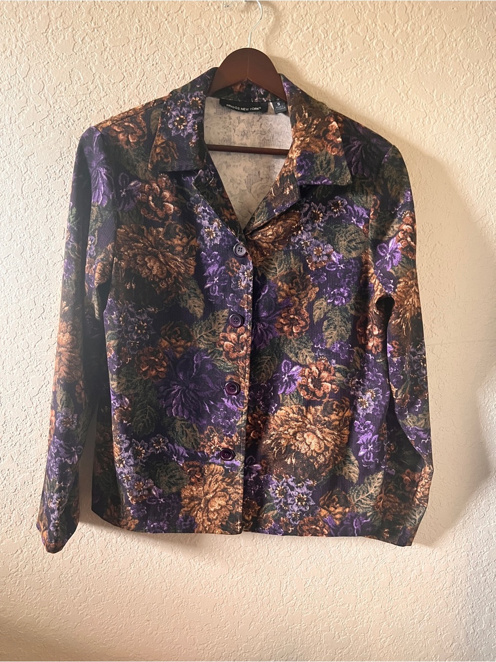 VTG Briggs S New York Purple and Brown Floral Button-Front Shirt Jacket (Shaket)
